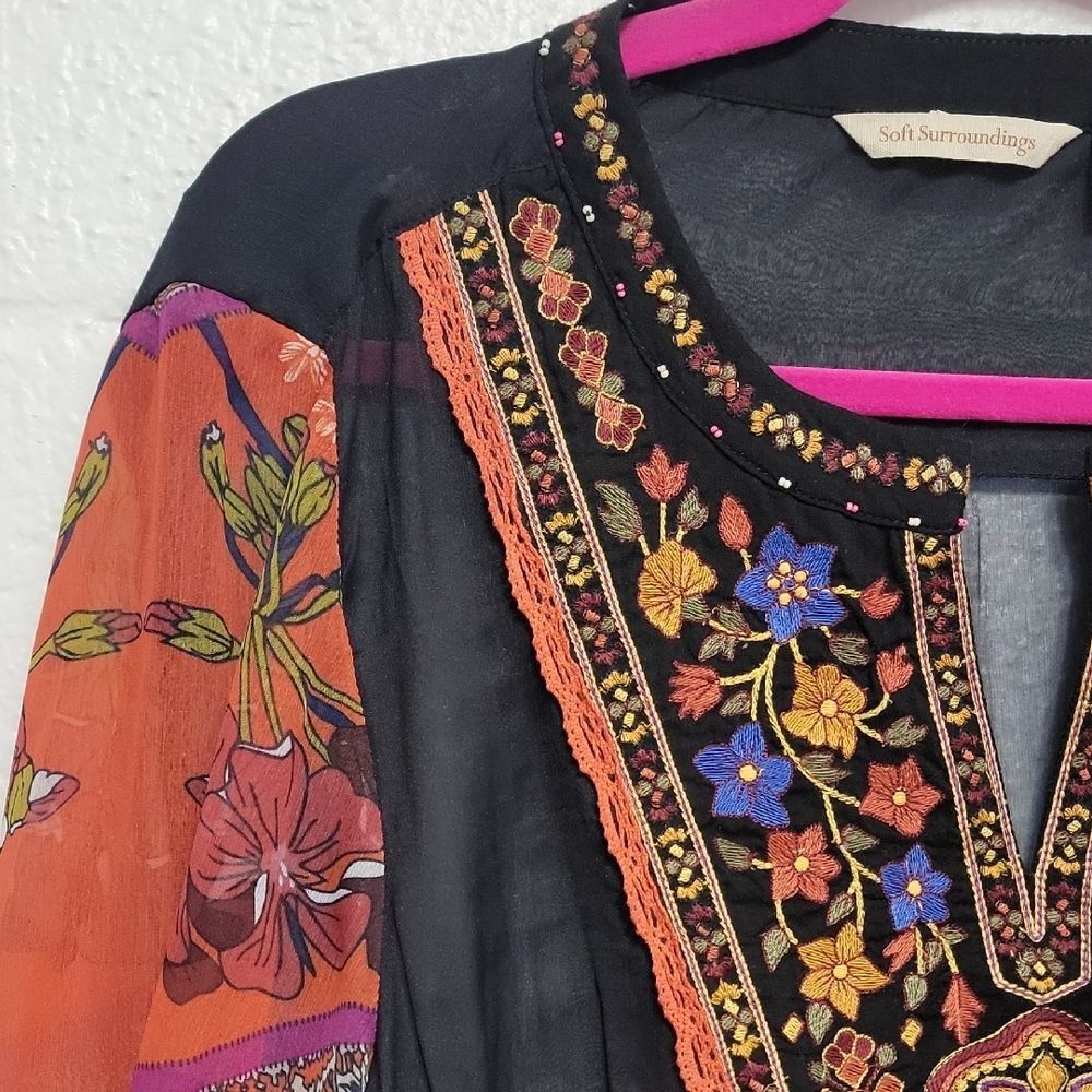 Soft Surroundings Embroidered Multicolor Blouse Black Red Size L Boho - Picture 5 of 11